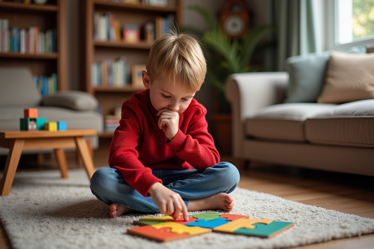 Jeune garçon de 8 ans résolvant un puzzle coloré dans un salon chaleureux