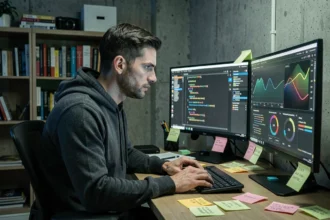 Geek passionné analysant des tableaux de bord de sécurité informatique sur deux écrans dans un bureau à domicile avec ambiance urbaine