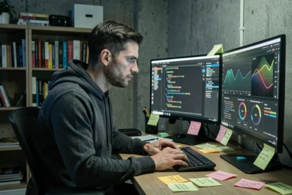 Geek passionné analysant des tableaux de bord de sécurité informatique sur deux écrans dans un bureau à domicile avec ambiance urbaine