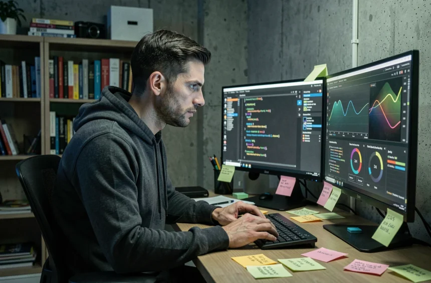 Geek passionné analysant des tableaux de bord de sécurité informatique sur deux écrans dans un bureau à domicile avec ambiance urbaine