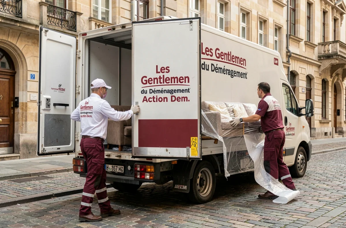 Équipe Les Gentlemen du Déménagement Action Dem chargeant un canapé dans leur camion à Metz