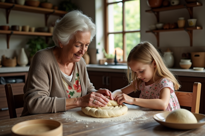 Femme âgée aidant sa petite fille à tresser la pâte à pain dans une cuisine rustique