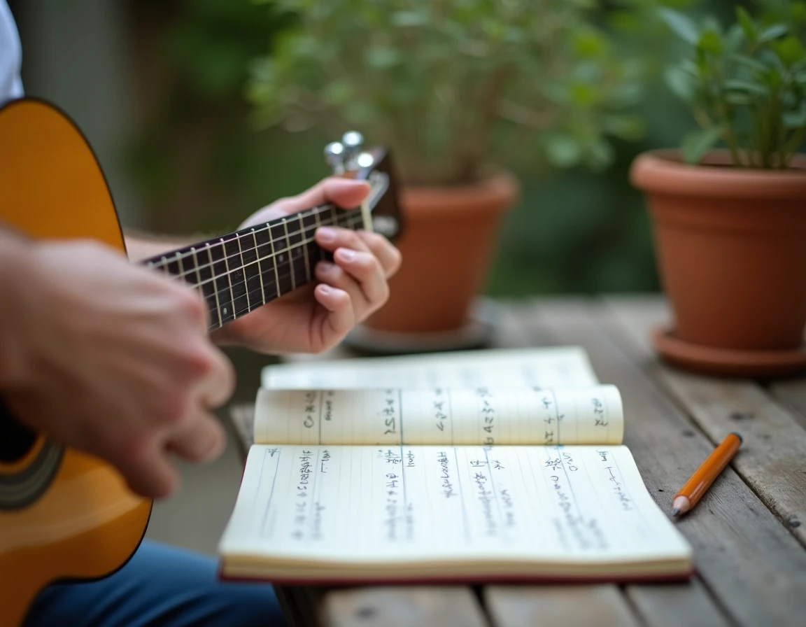 Gros plan de mains positionnant l'accord D7 sur une guitare classique avec tablature annotée au crayon