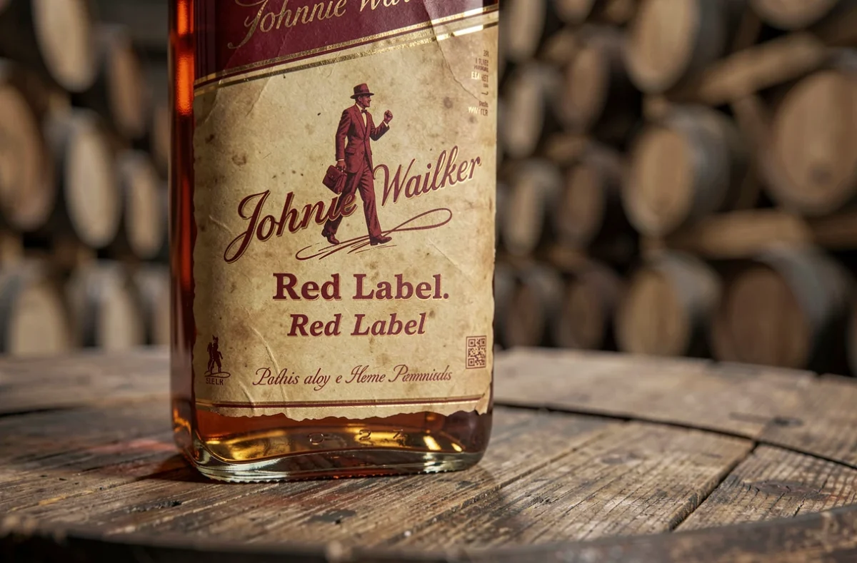 Gros plan sur l'étiquette du Johnnie Walker Red Label posé sur un fût de chêne dans une distillerie