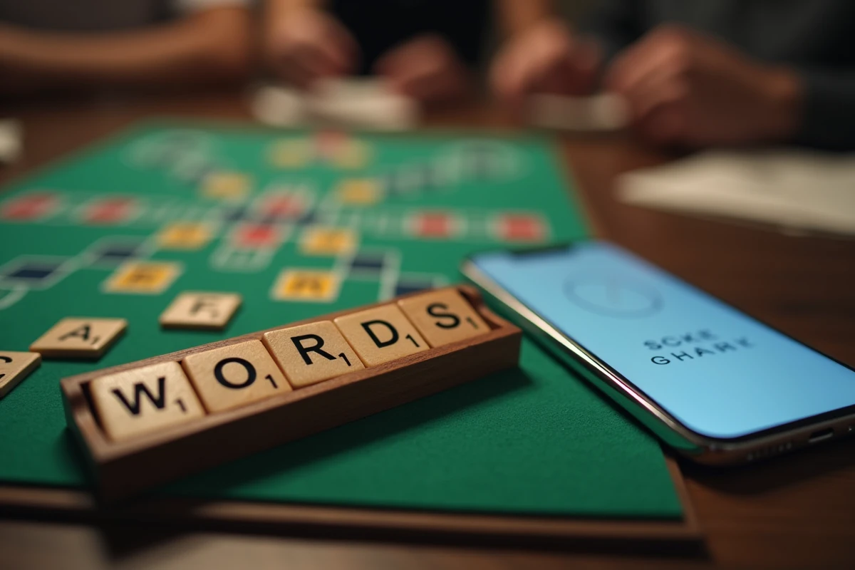 Gros plan sur un porte-lettres Scrabble en bois avec un smartphone affichant un solver de mots posé à côté