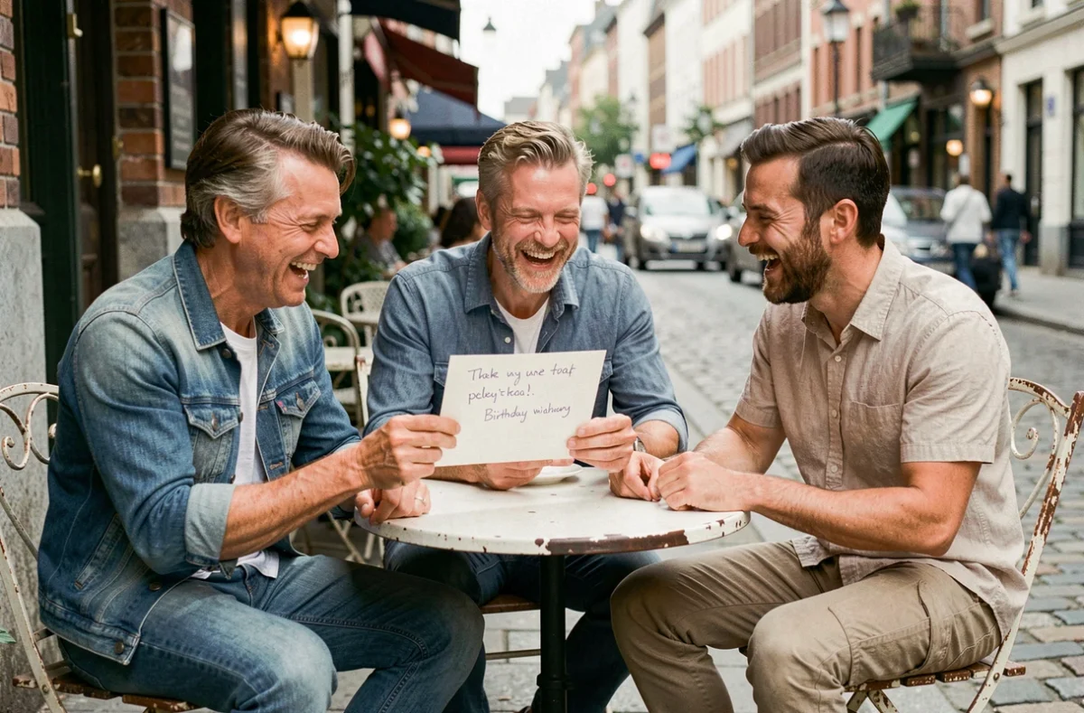 Groupe d'amis hommes riant autour d'une carte d'anniversaire drôle en terrasse de café
