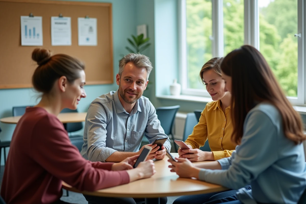 Groupe de trois personnes discutant avec smartphone