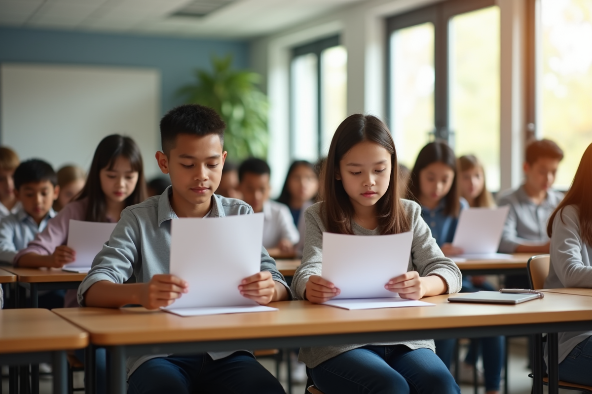 Groupe d élèves divers lisant leurs relevés dans une classe moderne ensoleillée