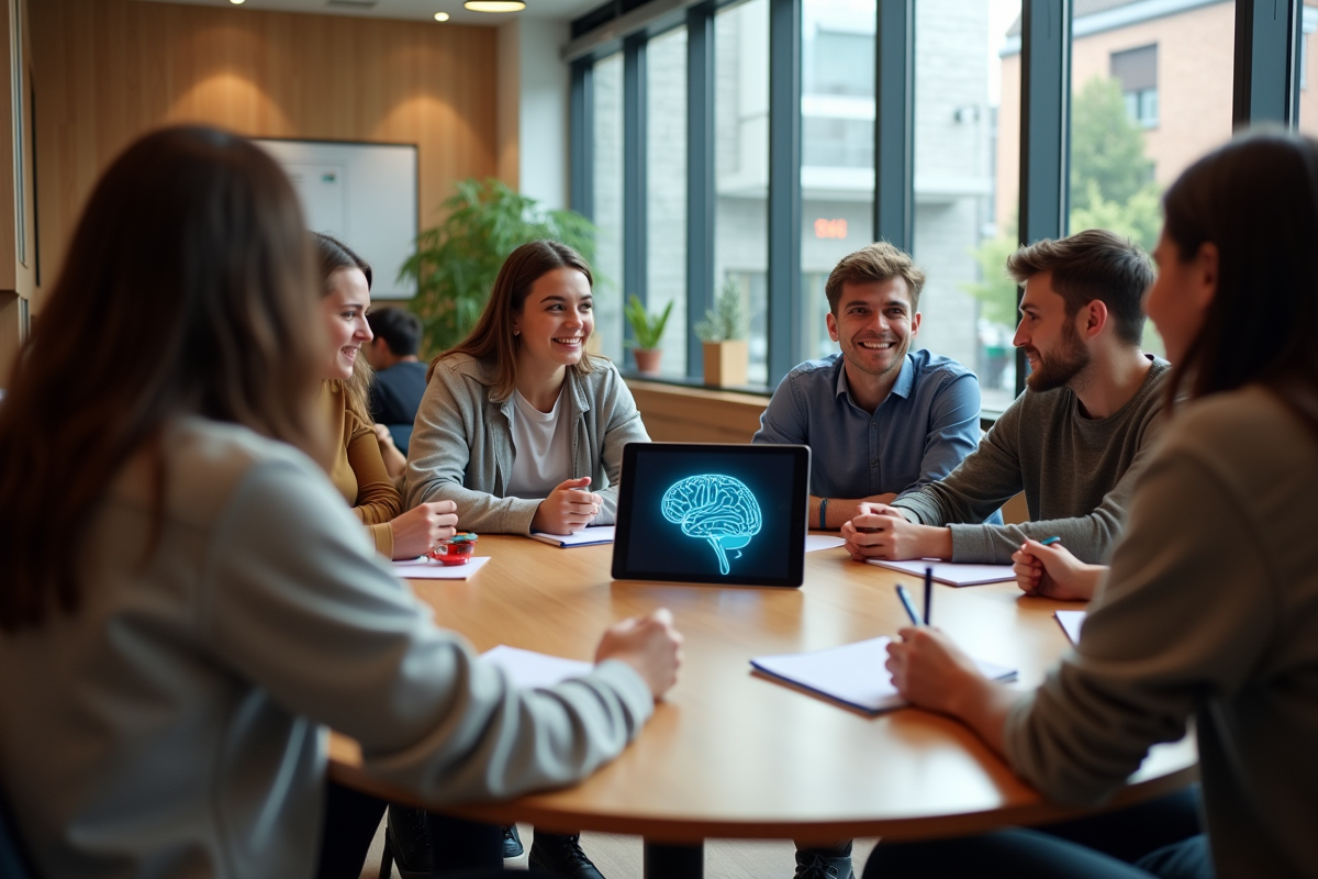 Jeunes adultes discutant autour d une table avec graphique d IA