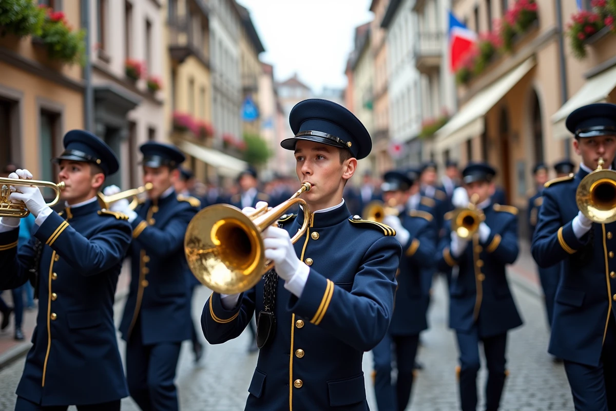Jeunes musiciens en uniforme dans une rue de Strasbourg