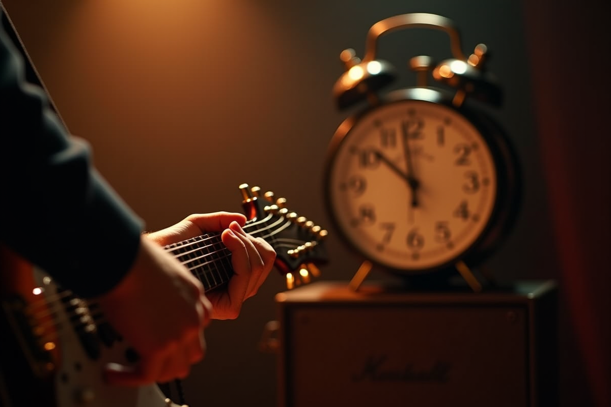 Guitare et mains du musicien avec une horloge vintage en arrière-plan