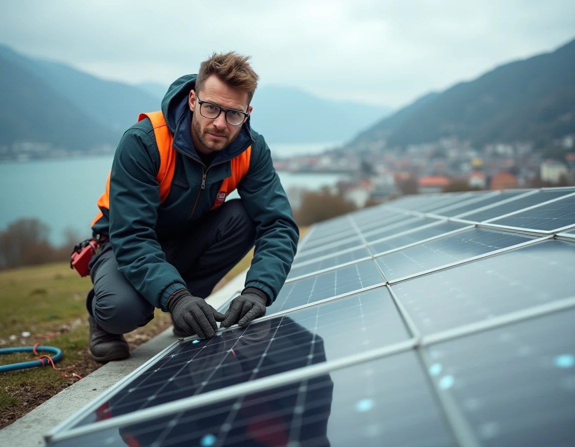 Électricien en train de raccorder des panneaux photovoltaïques sur un toit à Thonon-les-Bains avec le lac Léman en arrière-plan