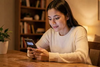 Jeune femme contemplant l'heure miroir 23h23 sur son téléphone dans une chambre cosy la nuit