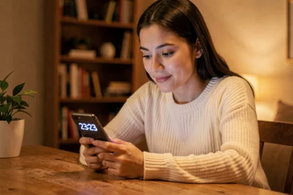 Jeune femme contemplant l'heure miroir 23h23 sur son téléphone dans une chambre cosy la nuit