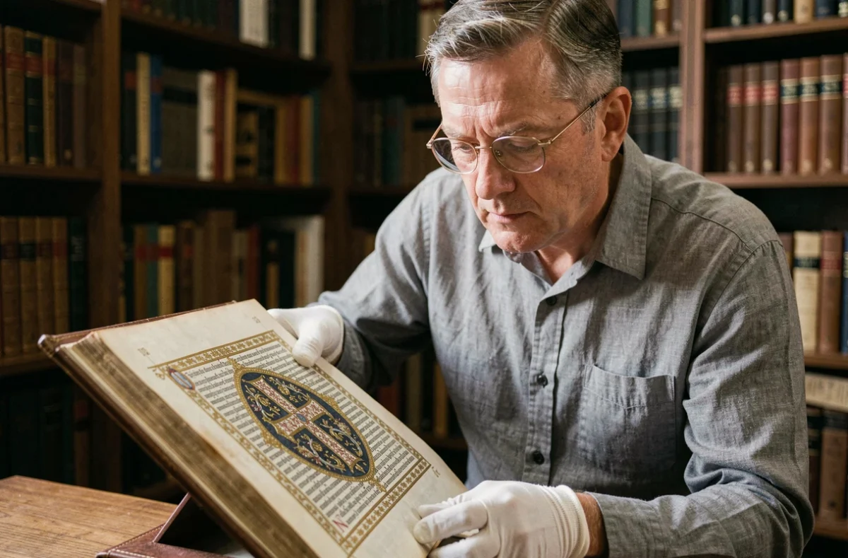 Historien examinant un manuscrit enluminé représentant une croix à double traverse dans une archive universitaire