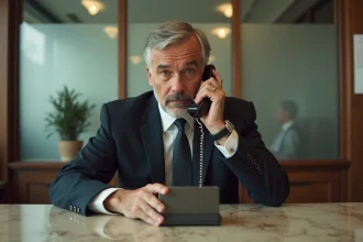 Homme d'affaires en costume examinant un téléphone mobile ancien