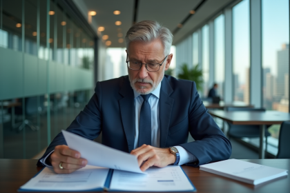 Homme d'affaires en costume bleu examine des documents financiers