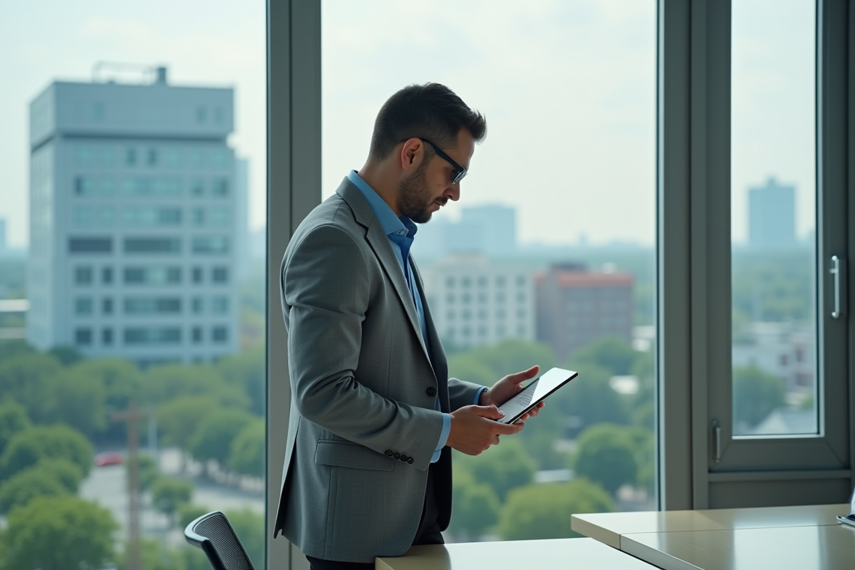 Homme d affaires en costume regardant une tablette près d une fenêtre
