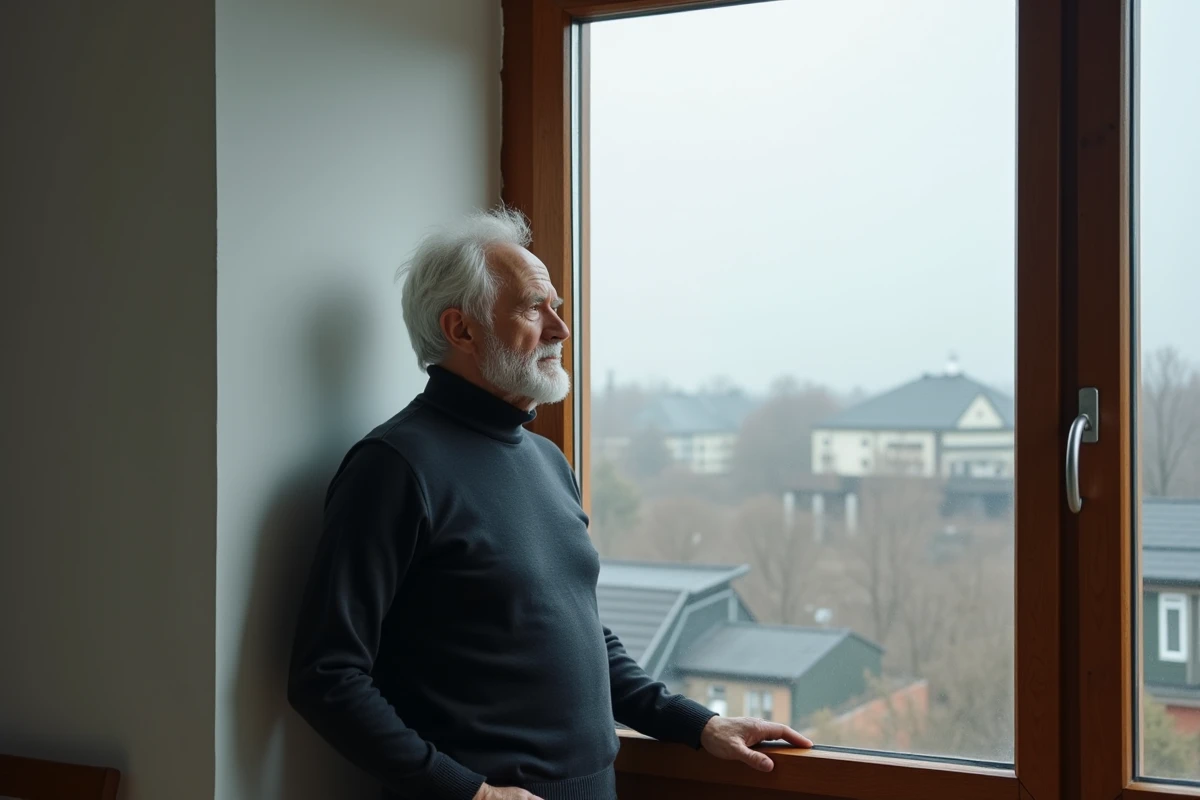 Homme âgé contemplatif devant une fenêtre dans un appartement minimaliste, symbolisant la vision de Schopenhauer sur le bonheur et la sérénité