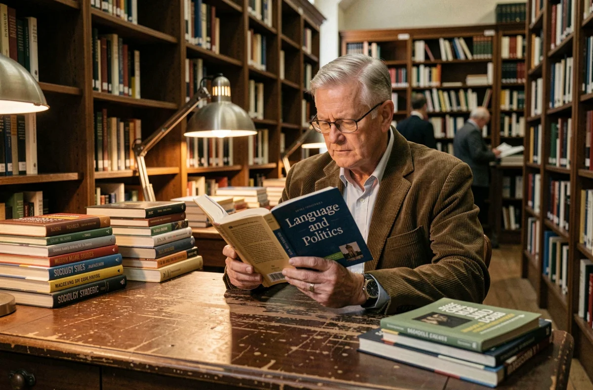 Homme d'âge moyen lisant un ouvrage sur le langage et la politique dans une bibliothèque publique entourée de livres de sociologie