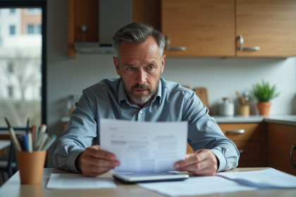 Homme d'âge moyen calculant ses dépenses dans une cuisine moderne