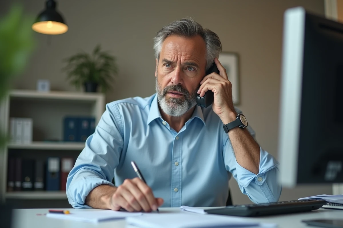 Homme au bureau recevant un appel de démarchage téléphonique non sollicité