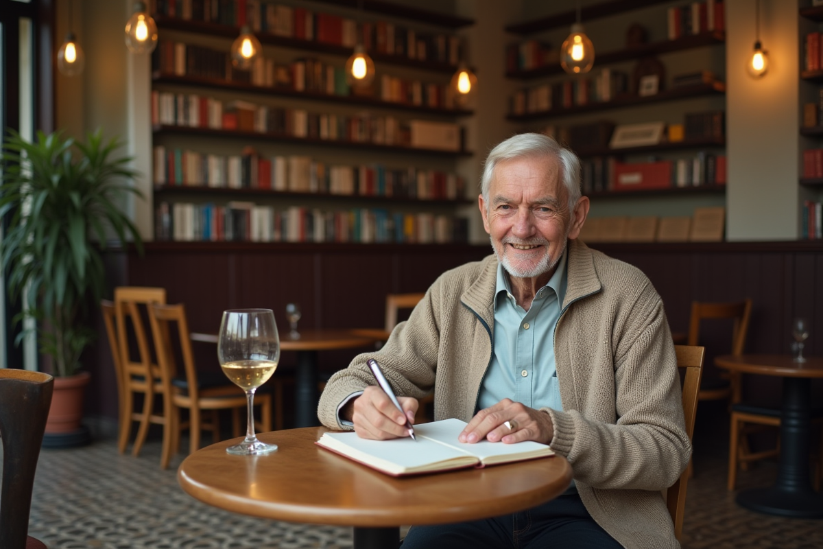Homme âgé écrivant dans un carnet dans un café français