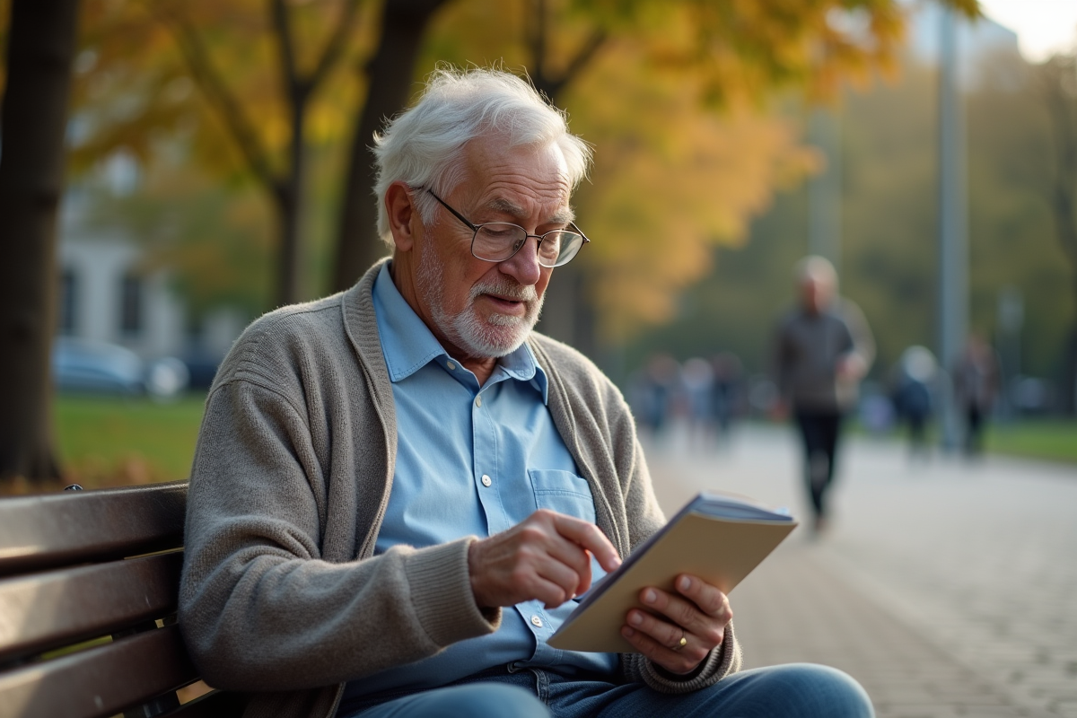 Homme âgé dans un parc urbain compte des pièces de monnaie