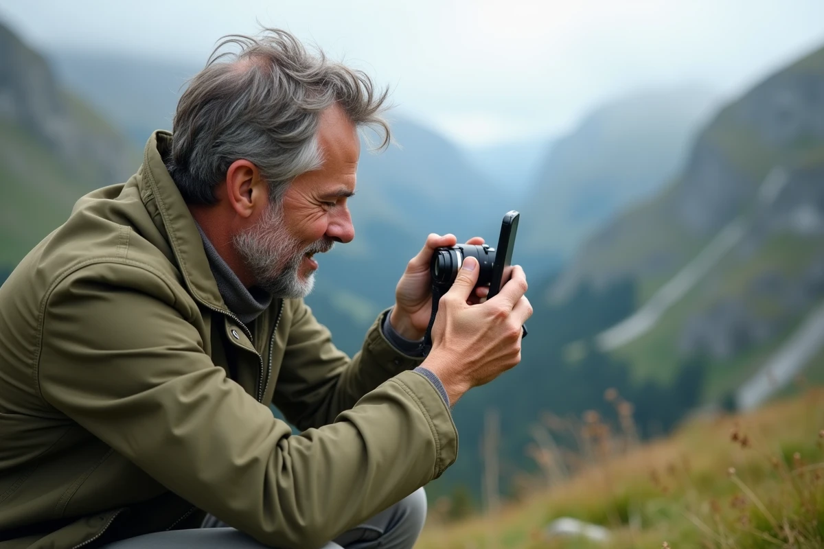 Homme comparant un appareil photo compact et un smartphone en montagne lors d'une randonnée