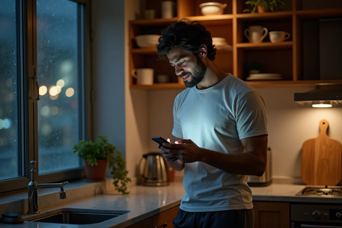 Homme debout dans une cuisine la nuit souriant à un message de réconciliation reçu sur son téléphone