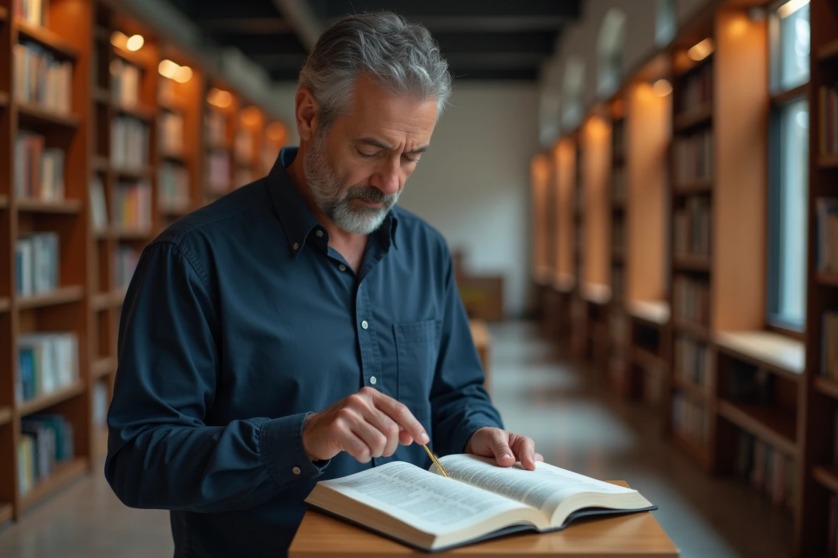 Homme consultant un dictionnaire dans une bibliothèque pour vérifier l'orthographe d'une expression française