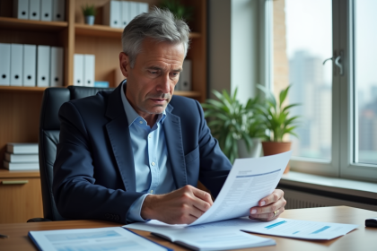 Homme d'âge moyen en blazer bleu dans un bureau moderne