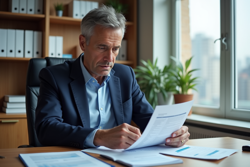 Homme d'âge moyen en blazer bleu dans un bureau moderne
