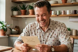 Homme joyeux lisant une carte d'anniversaire humoristique dans une cuisine chaleureuse