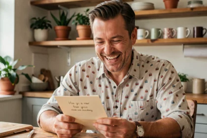 Homme joyeux lisant une carte d'anniversaire humoristique dans une cuisine chaleureuse