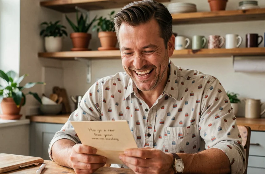 Homme joyeux lisant une carte d'anniversaire humoristique dans une cuisine chaleureuse