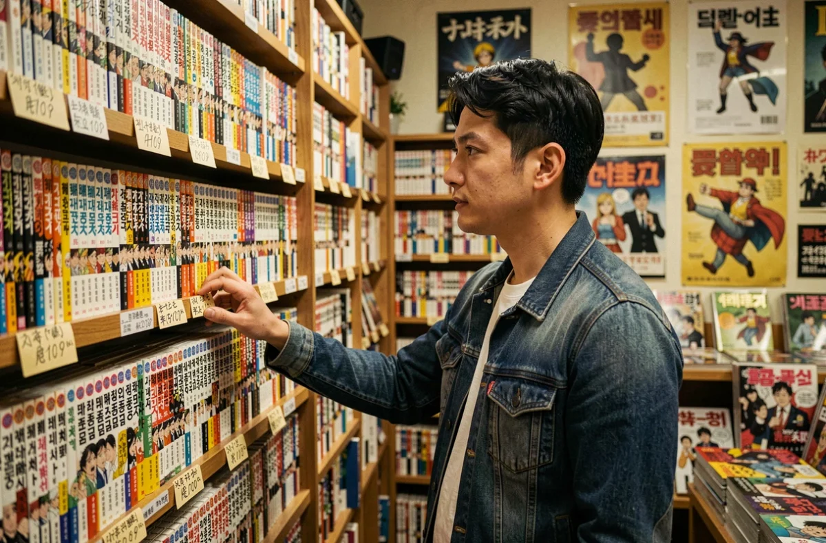 Homme parcourant des volumes de manhwa coréen dans une librairie de bandes dessinées indépendante