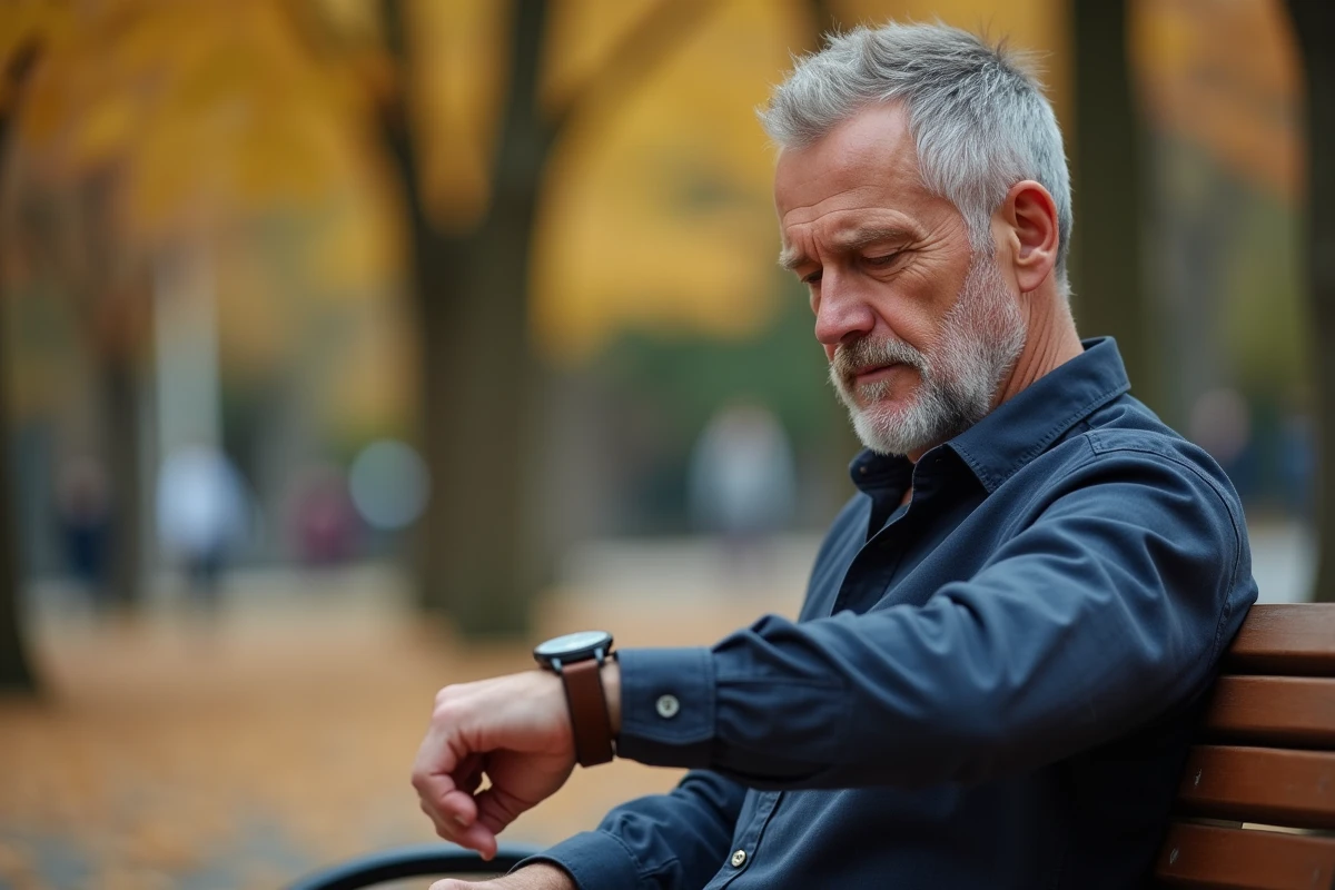 Homme contemplatif regardant sa montre à 15h55 dans un parc en automne, évoquant les messages des anges