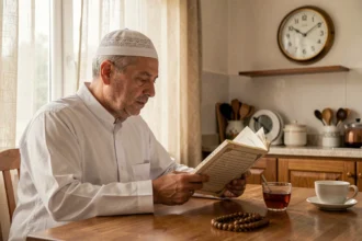 Homme musulman consultant un horaire de prière à la maison lors du changement d'heure