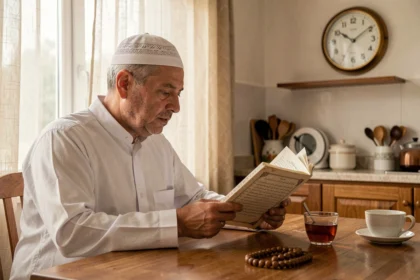 Homme musulman consultant un horaire de prière à la maison lors du changement d'heure