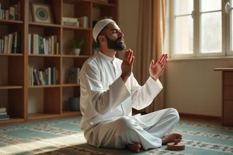 Homme musulman en prière de istikhara, assis sur un tapis de prière géométrique, mains levées en supplication dans un intérieur calme et authentique