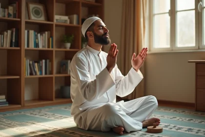 Homme musulman en prière de istikhara, assis sur un tapis de prière géométrique, mains levées en supplication dans un intérieur calme et authentique