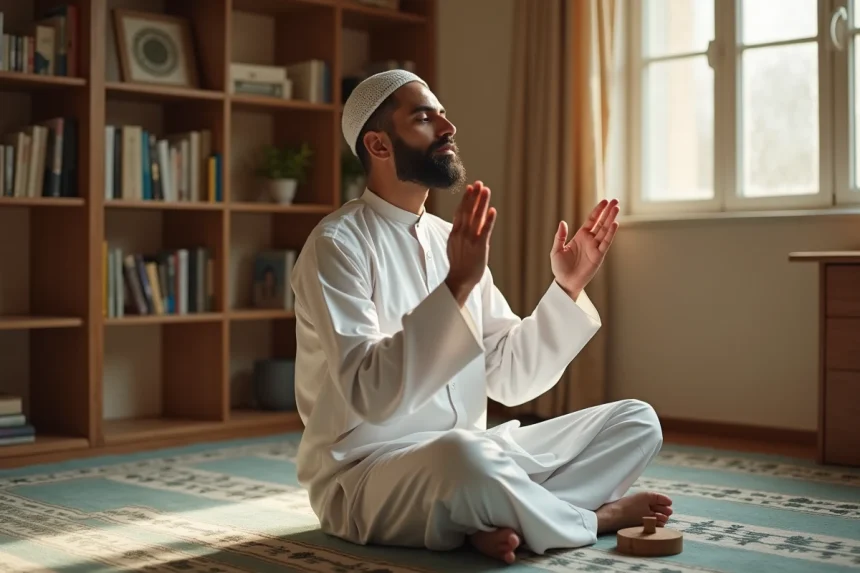 Homme musulman en prière de istikhara, assis sur un tapis de prière géométrique, mains levées en supplication dans un intérieur calme et authentique