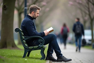 Homme pensif assis sur un banc dans un parc urbain au printemps
