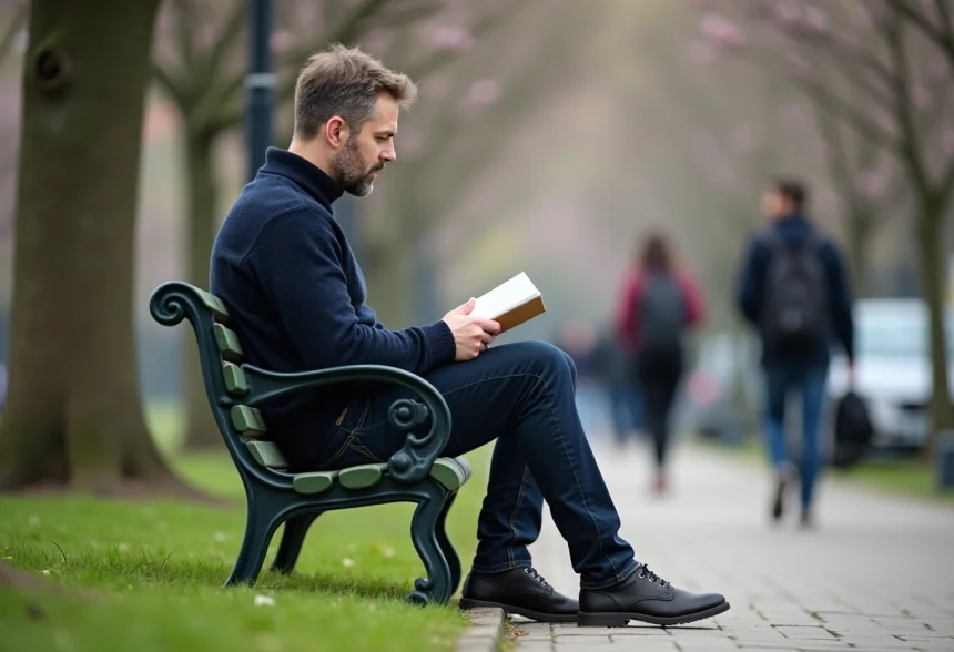 Homme pensif assis sur un banc dans un parc urbain au printemps