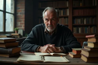 Homme philosophe contemplatif assis dans une bibliothèque entourée de livres anciens, illustrant la philosophie de Schopenhauer sur le bonheur
