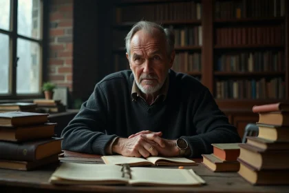 Homme philosophe contemplatif assis dans une bibliothèque entourée de livres anciens, illustrant la philosophie de Schopenhauer sur le bonheur
