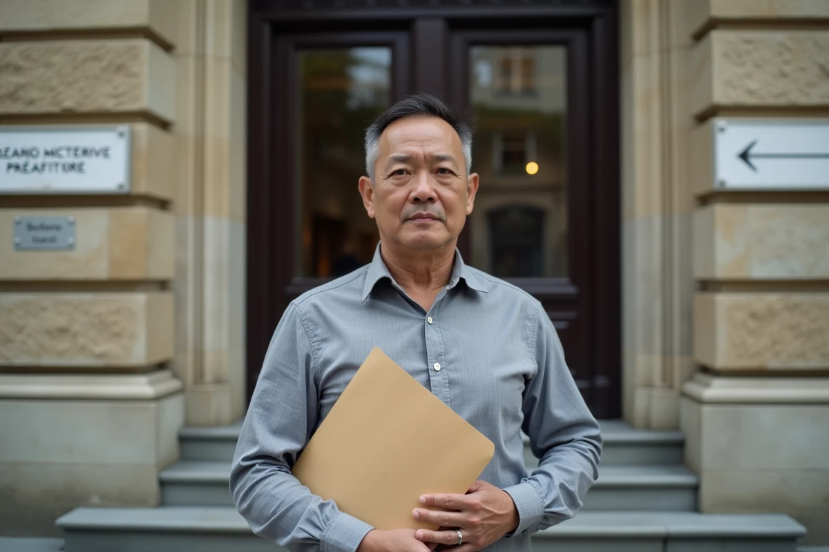 Homme devant une préfecture française tenant un dossier de demande de nationalité