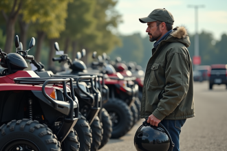 Homme en plein air examinant des quads en concession