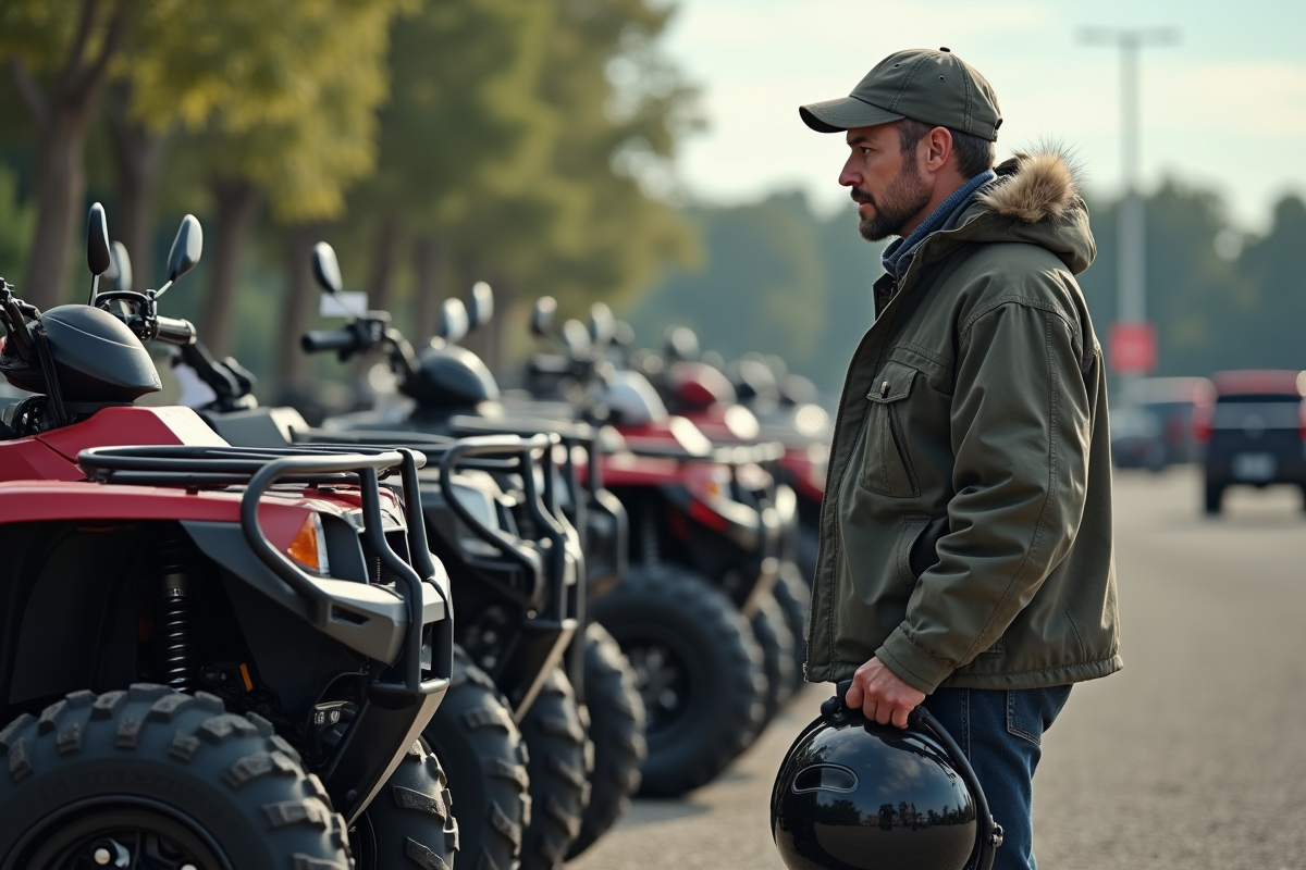 Homme en plein air examinant des quads en concession